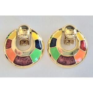 Modern Multicolor Enamel Gold Door Knocker Earrings Vintage